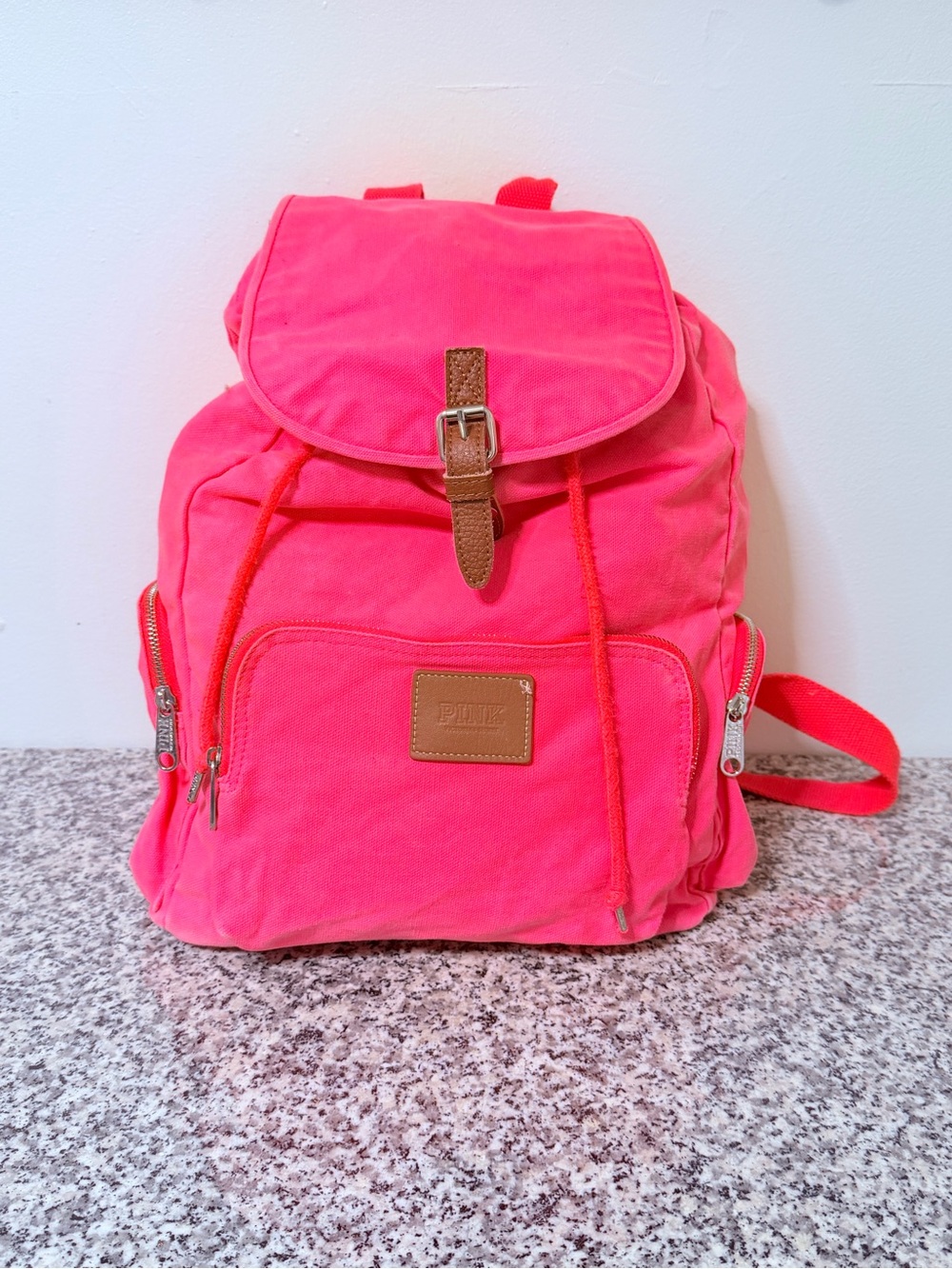 PINK Victoria's Secret Neon Pink Canvas Drawstring Backpack with Buckle Accent - Picture 1 of 11